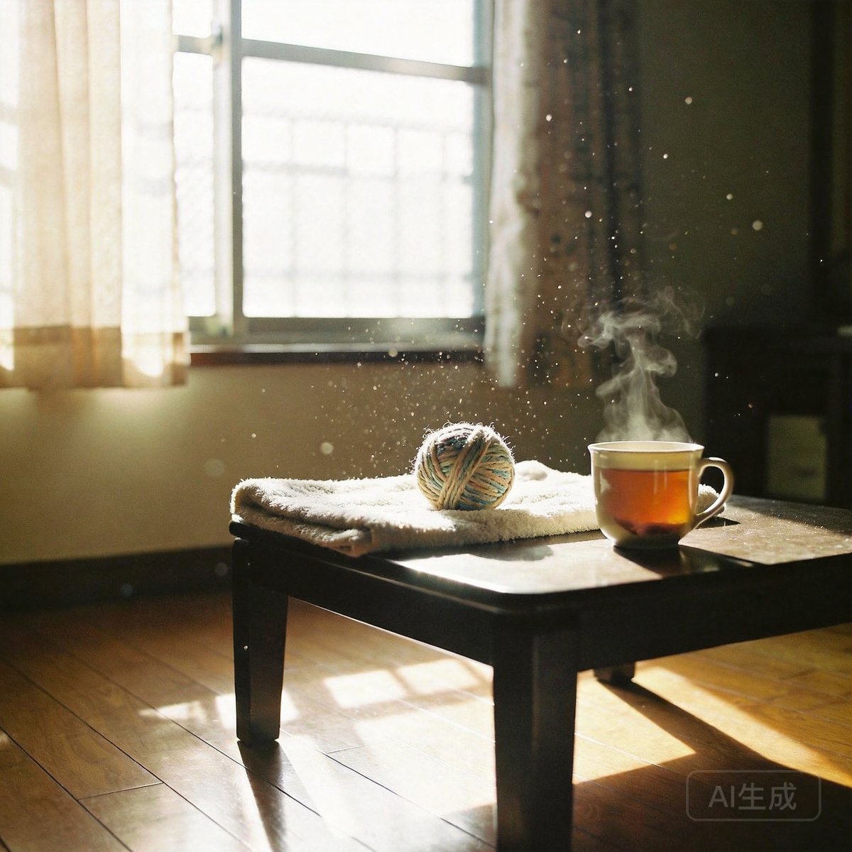 窗邊自然光下的毛孩紀念角落,溫暖的寵物往生告別場景。