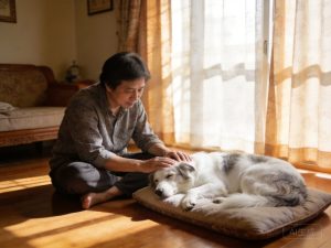 飼主溫柔陪伴狗狗腎衰竭的居家場景，展現老年犬寵物安寧照顧。