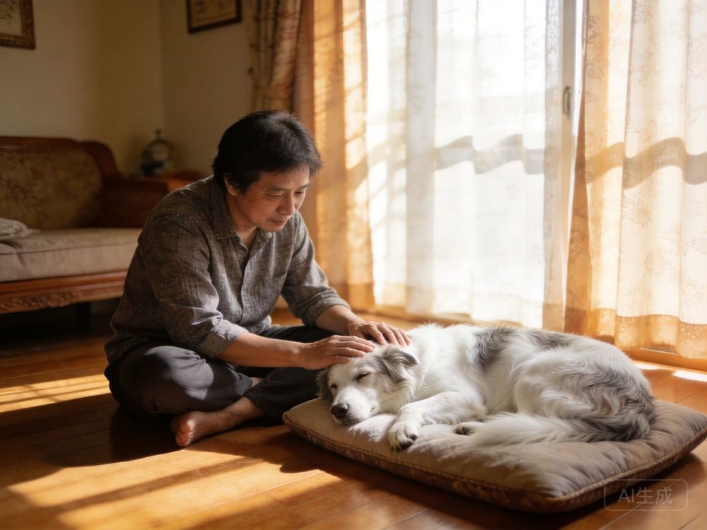 飼主溫柔陪伴狗狗腎衰竭的居家場景,展現老年犬寵物安寧照顧。