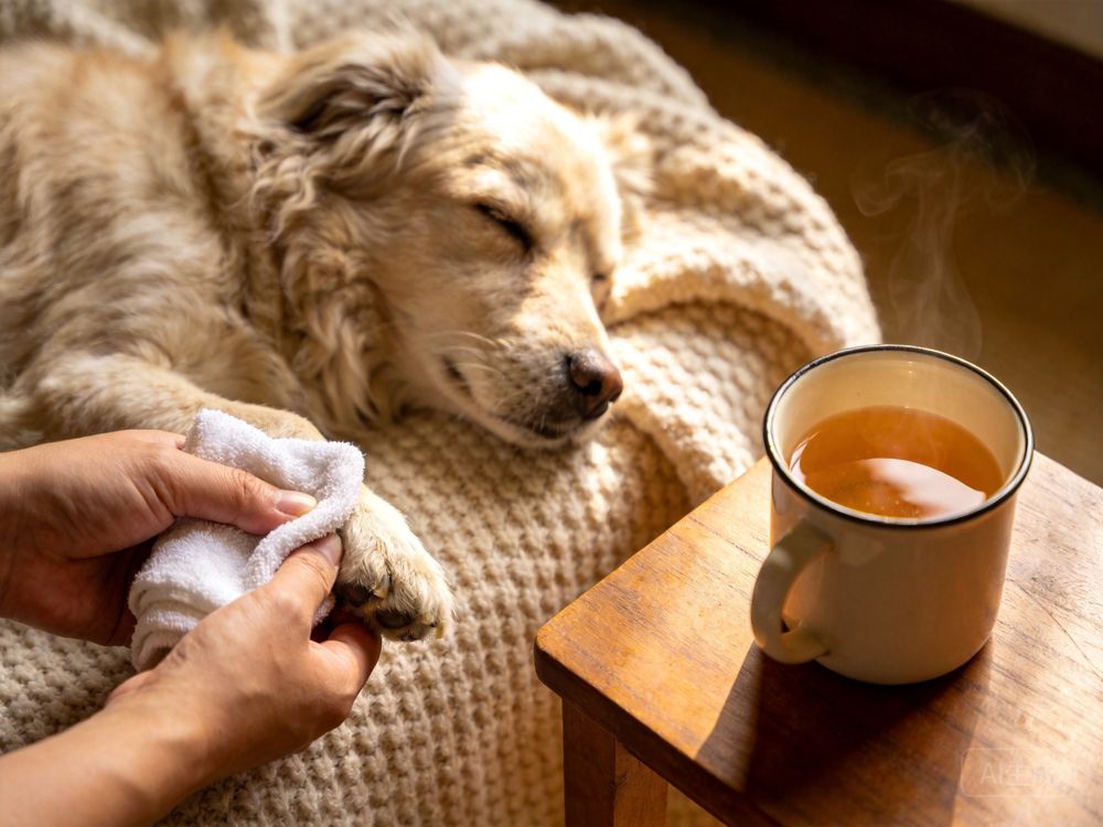 臨終告別-溫毛巾溫水與柔軟毛毯上的老犬