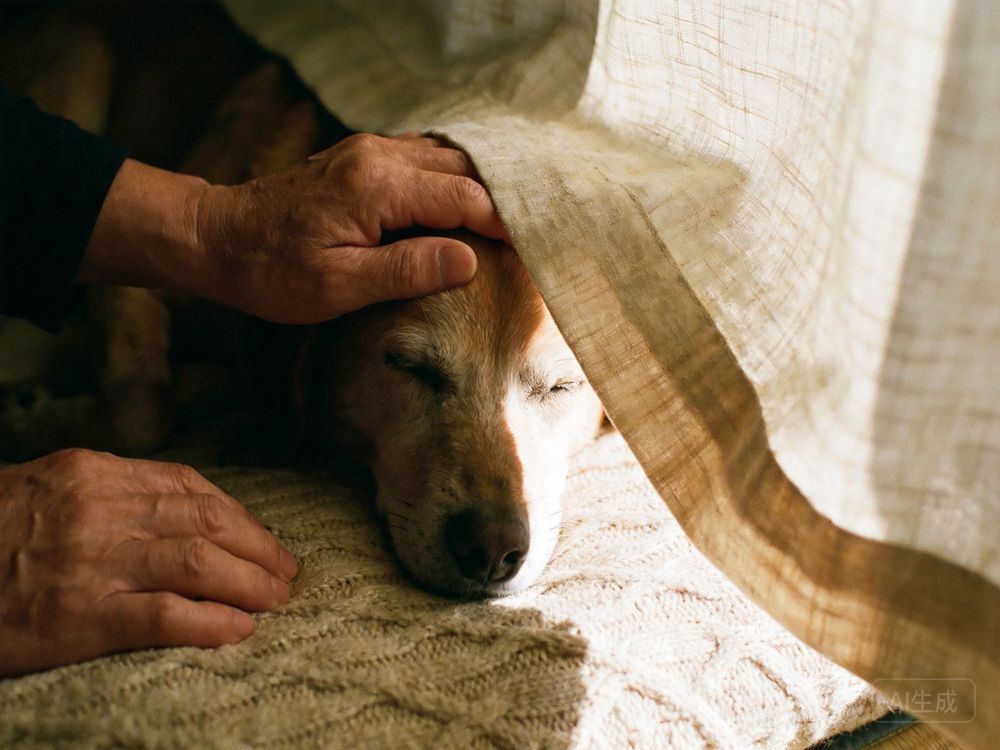 臨終照護-柔軟毛毯與輕撫老犬的溫暖雙手