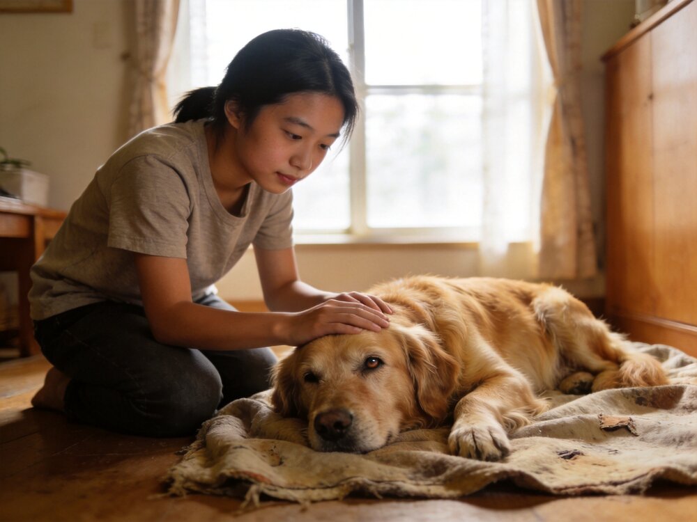 照顧者蹲下身輕輕摸著老犬的頭,老犬安靜地躺臥在熟悉的舊毯子上,眼神溫和平靜