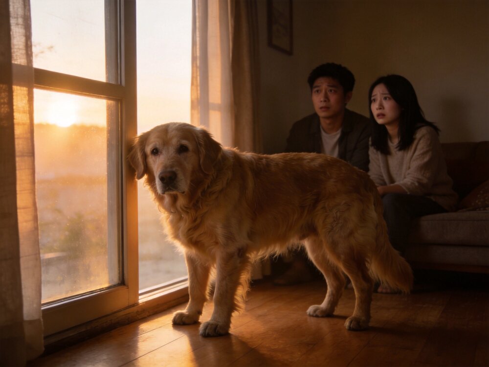 凌晨客廳裡,失智老犬站在窗邊發呆,毛爸媽一臉擔憂地看著牠