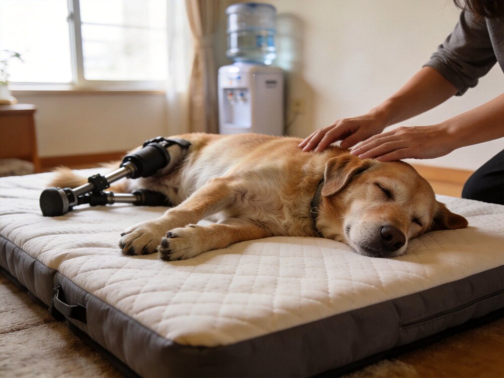 癱瘓狗狗躺在柔軟記憶棉墊上,飼主在旁輕柔翻身照護的溫馨畫面