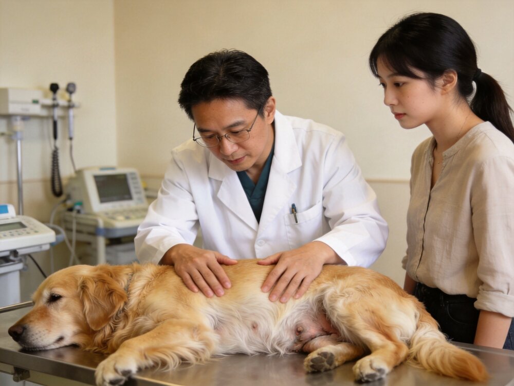 獸醫溫柔檢查老年犬的腹部,飼主在旁邊陪伴的溫馨診療畫面