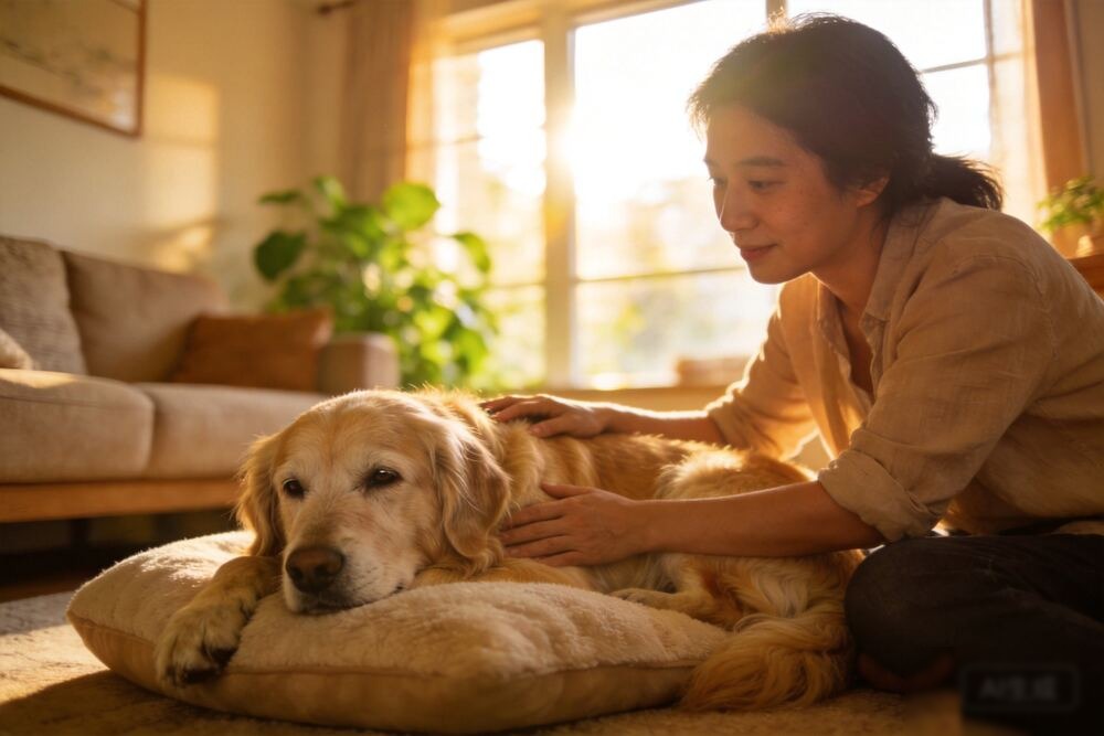 老年黃金獵犬在溫暖居家環境中安靜休息,窗邊自然光照射,陪伴狗腎衰竭末期症狀老犬照護