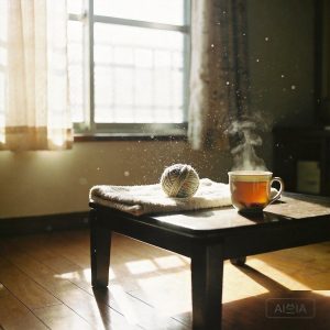 寵物安寧居家-窗邊小桌毛線球與熱茶