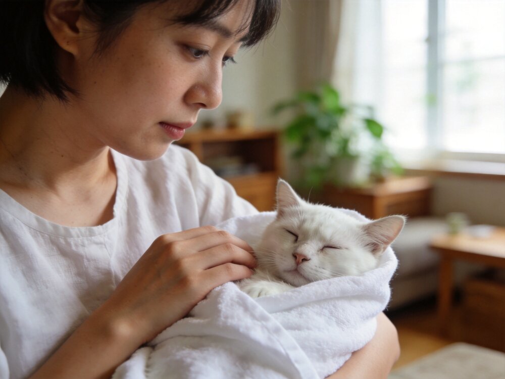 台灣飼主在家中輕柔抱著已安詳離世的毛孩,窗邊自然光灑落的溫馨畫面