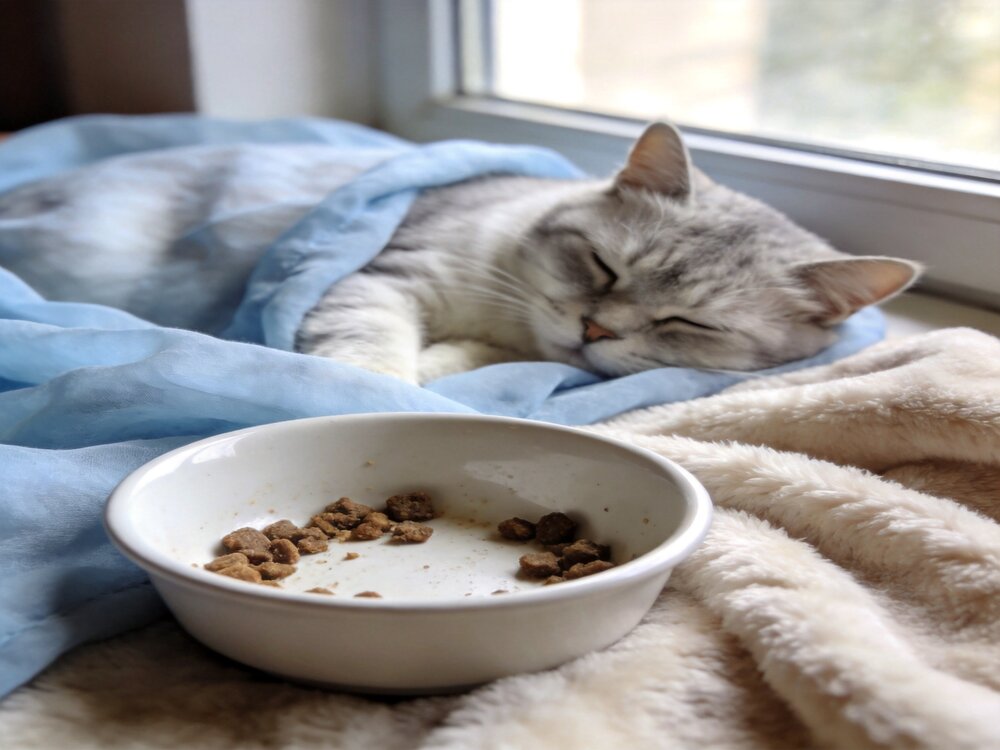 寵物臨終拒食,飼料碗放在老貓咪旁邊幾乎沒動過的居家場景